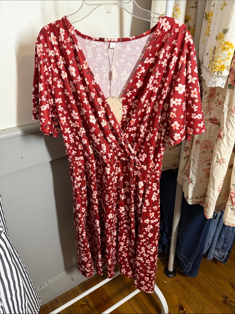 Red Floral Wrap Dress - flutter sleeves size large